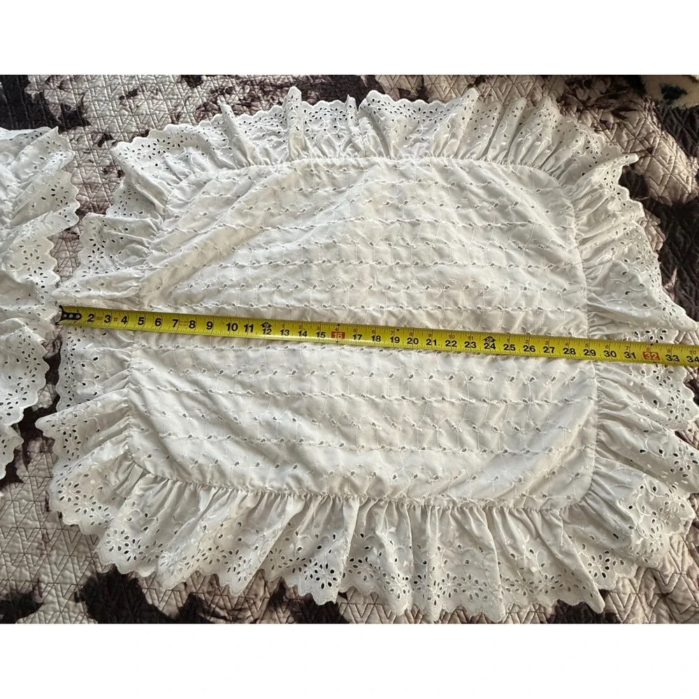 Vintage White Eyelet Lace Ruffled Pillow Shams Pair Standard Size Cottagecore